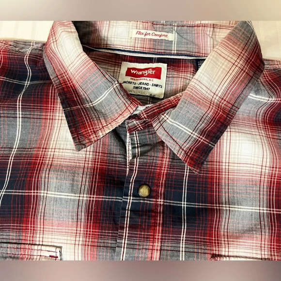 Wrangler Slim Fit Stretch Plaid Pearl Snap Shirt. Red Blue White XXL 2XL R1 - Picture 12 of 15